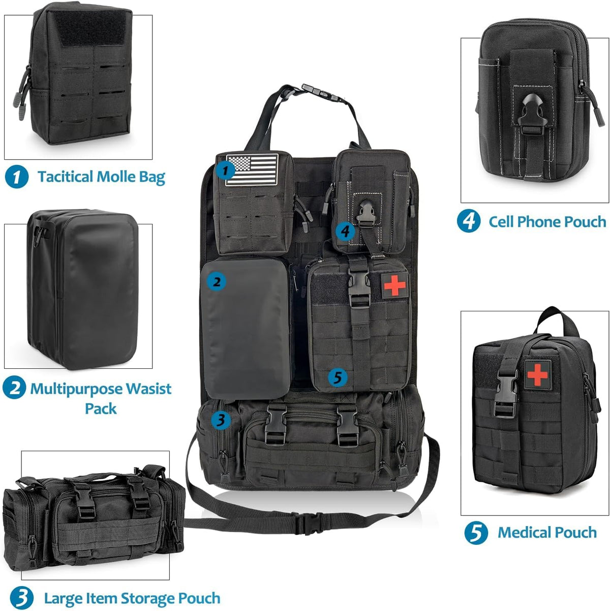 Tactique | Organisateur de siège auto avec design imperméable et sangles Molle | Solution de rangement polyvalente pour voitures, camions et SUV