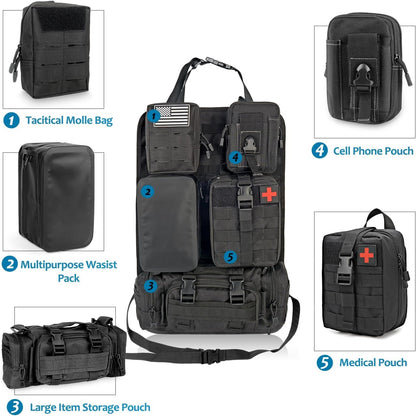 Tactique | Organisateur de siège auto avec design imperméable et sangles Molle | Solution de rangement polyvalente pour voitures, camions et SUV
