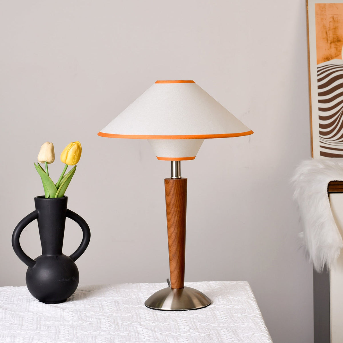 Fabric Shade Table Lamp 17 in for Nightstand & Side Table - Wood Base with E26 Socket for Bedroom Living Room Office Desk Reading Light Mini