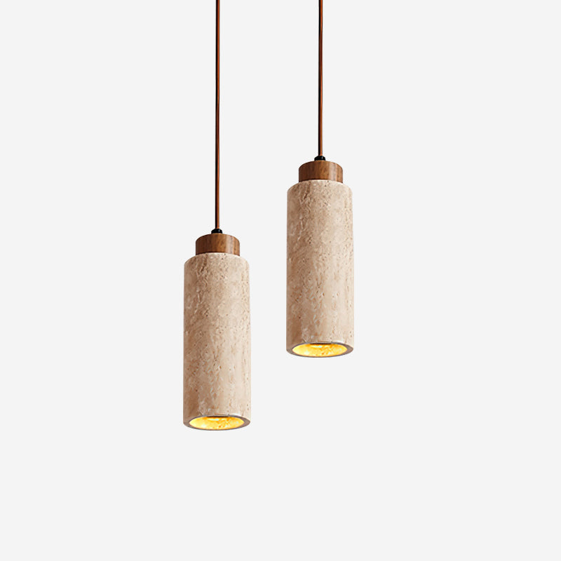 Stone Cylinder Hanging Fixture Natural Wood Accent LED Warm Glow Dining Room Kitchen Island Entryway Ceiling Light 10 inch Neutral Tone Mini