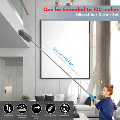 Extendable Microfiber Duster with Telescoping Handle – Bendable Head, Washable, Reaches 8 Feet for Ceiling Fans, High Shelves, Baseboards