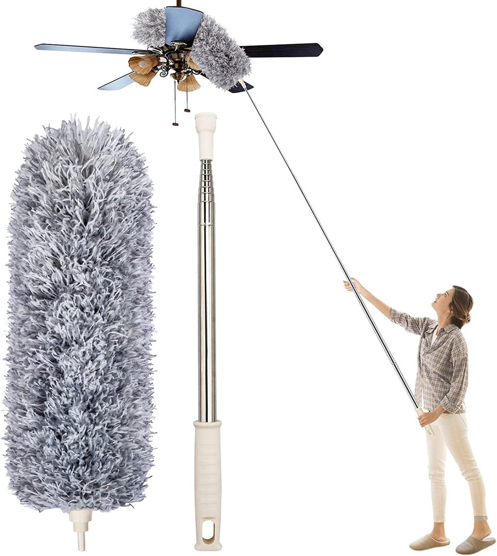 Extendable Microfiber Duster with Telescoping Handle – Bendable Head, Washable, Reaches 8 Feet for Ceiling Fans, High Shelves, Baseboards