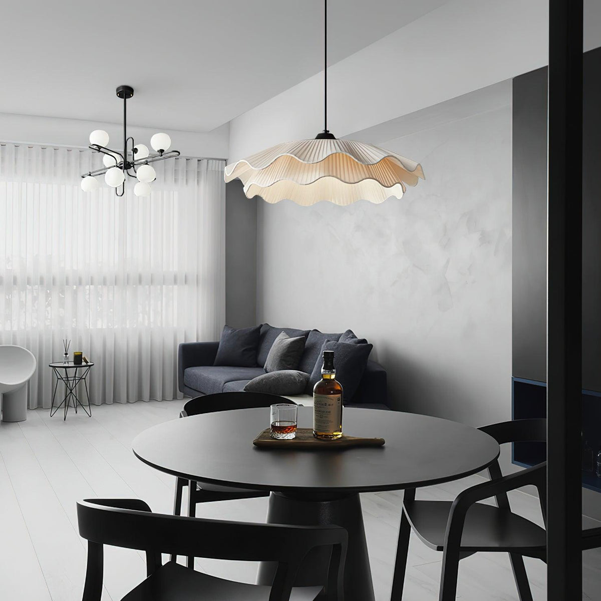 Adjustable Hanging Fixture with Metal & Cloth Shade for Overhead Illumination in Dining Spaces