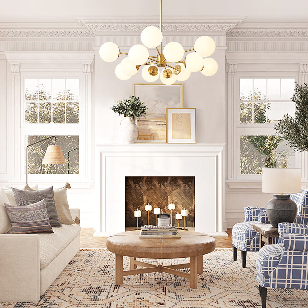 Dual-Tier Chandelier with 12 Opal Glass Globes in Brass Finish – 35 in Wide Statement Fixture for Dining Rooms, Living Spaces & Entryways