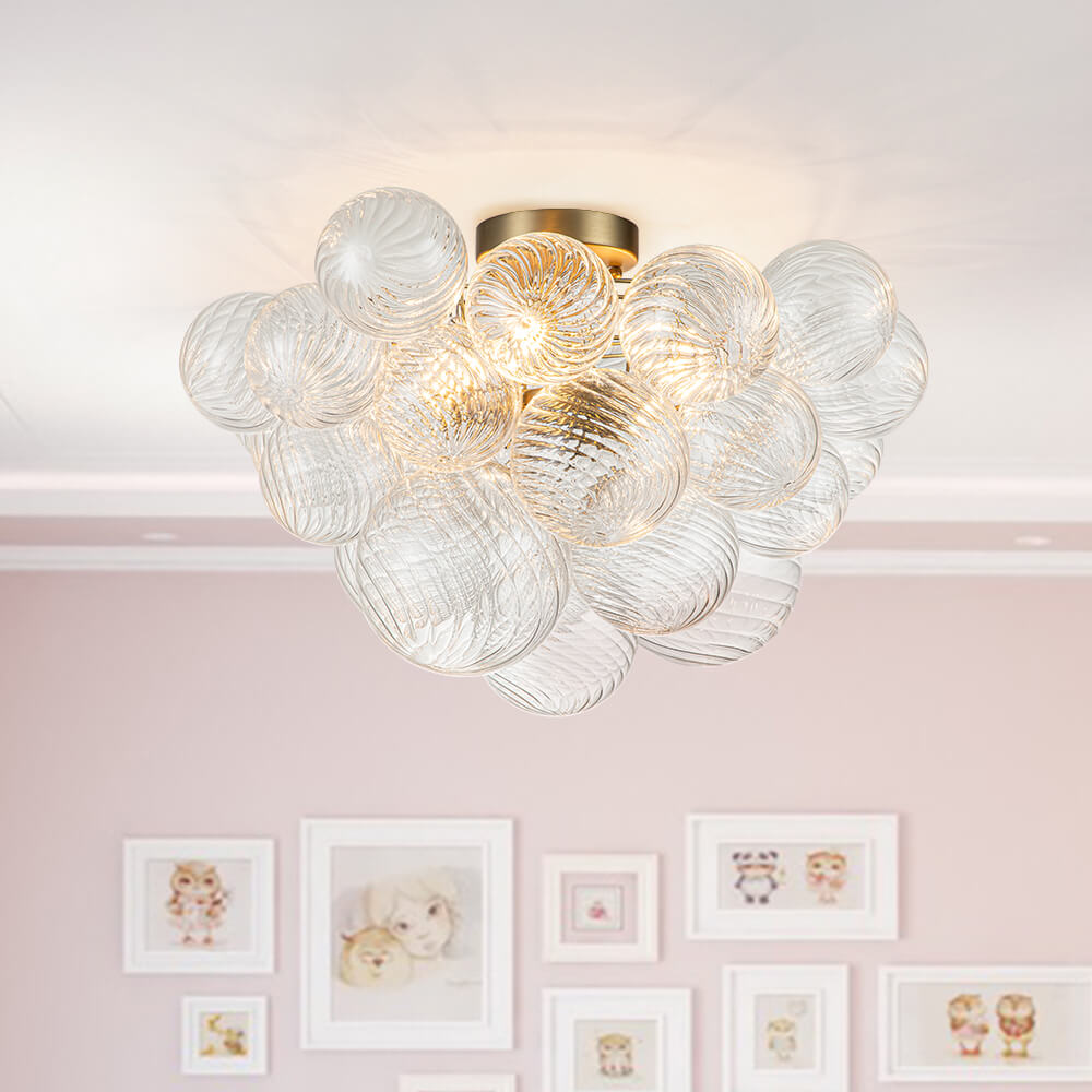 Plafonnier semi-encastré à trois globes, 21 po, sphères en verre texturé pour éclairage ambiant de salle de bain, chambre ou salon, douille E14