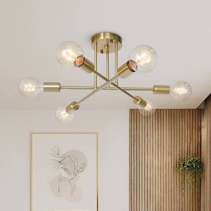 24-Inch Starburst Semi-Flush Ceiling Light with 6 Arms for Low Ceilings | Metallic Finish | Hardwired Dining Room & Kitchen Overhead Fixture