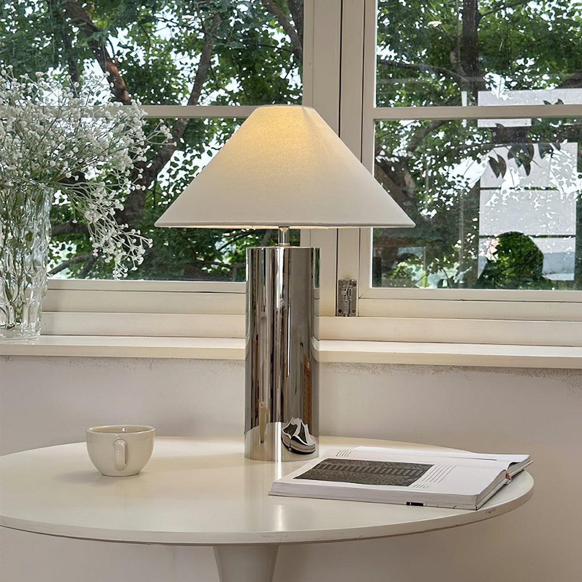 Fabric Shade Bedside Lamp with Metal Base 16-Inch White Reading Light for Nightstands Desks Home Office Bedroom