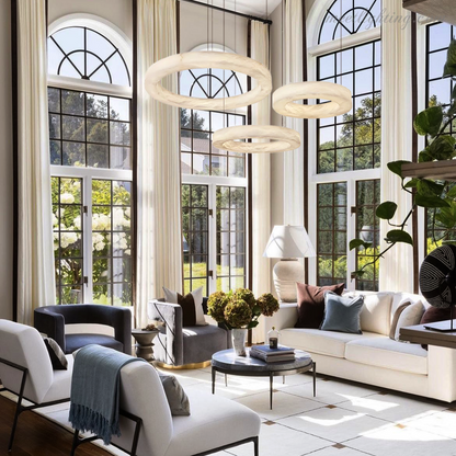 Circular Alabaster LED Ceiling Light with Brass Frame for Dining Room & Living Room | Modern Flush Mount Fixture