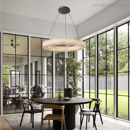 Circular Alabaster LED Ceiling Light with Brass Frame for Dining Room & Living Room | Modern Flush Mount Fixture