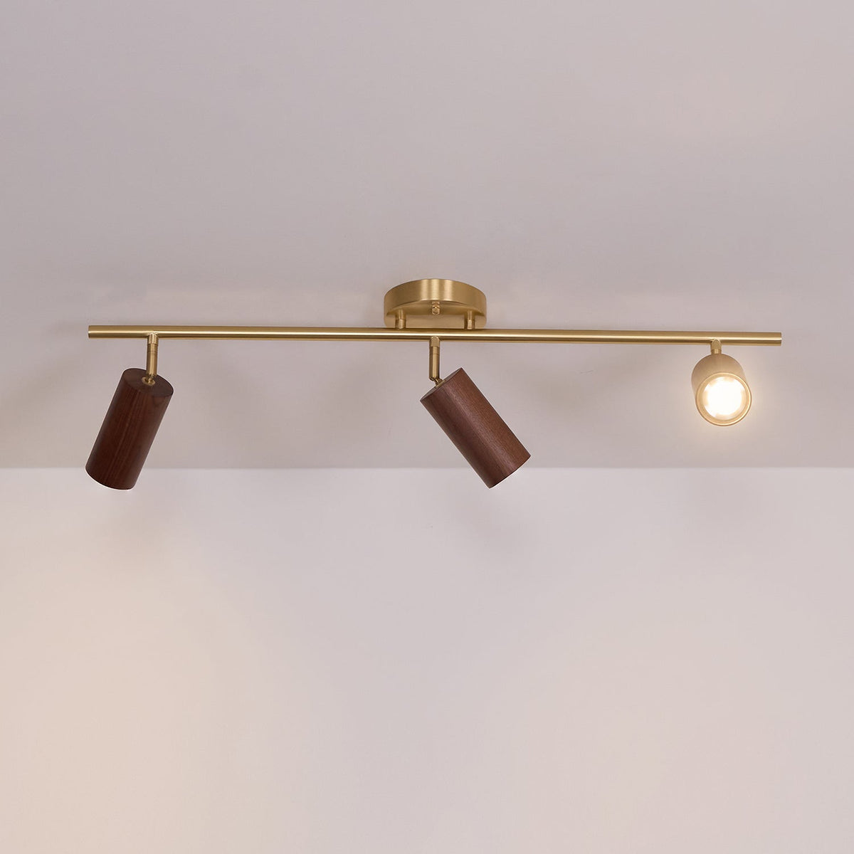 Pivoting Rail Ceiling Light Fixture with Walnut & Brass in Gold — Directional Spotlight Bar for Kitchens, Dens & Entryways — E26 Socket Spot