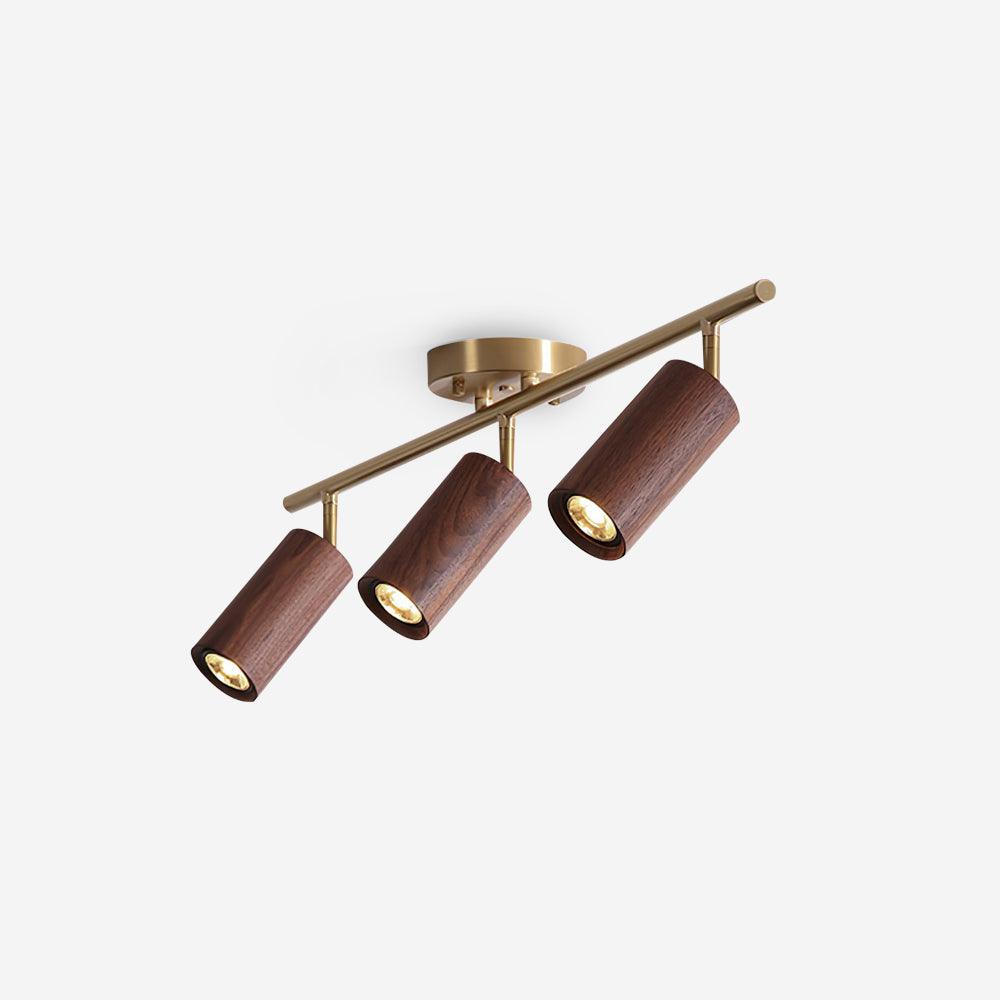 Pivoting Rail Ceiling Light Fixture with Walnut & Brass in Gold — Directional Spotlight Bar for Kitchens, Dens & Entryways — E26 Socket Spot