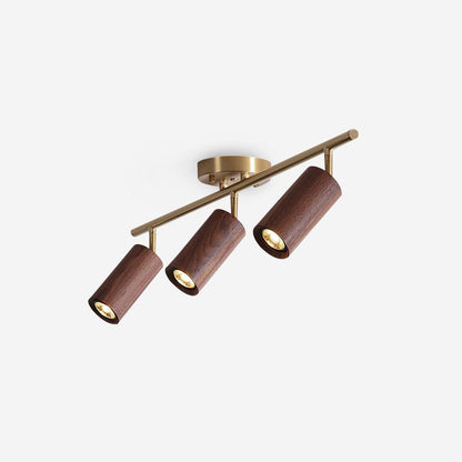 Pivoting Rail Ceiling Light Fixture with Walnut & Brass in Gold — Directional Spotlight Bar for Kitchens, Dens & Entryways — E26 Socket Spot