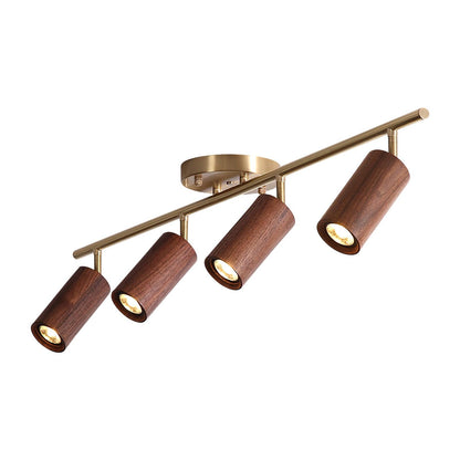 Pivoting Rail Ceiling Light Fixture with Walnut & Brass in Gold — Directional Spotlight Bar for Kitchens, Dens & Entryways — E26 Socket Spot