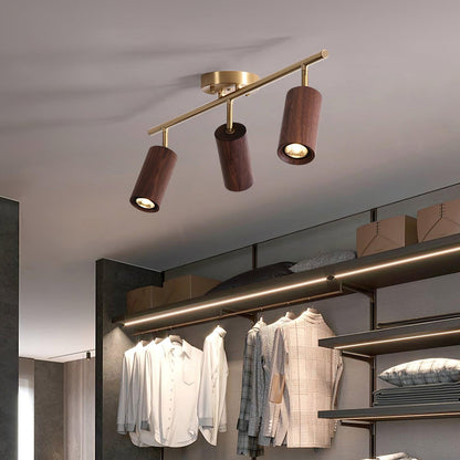 Pivoting Rail Ceiling Light Fixture with Walnut & Brass in Gold — Directional Spotlight Bar for Kitchens, Dens & Entryways — E26 Socket Spot