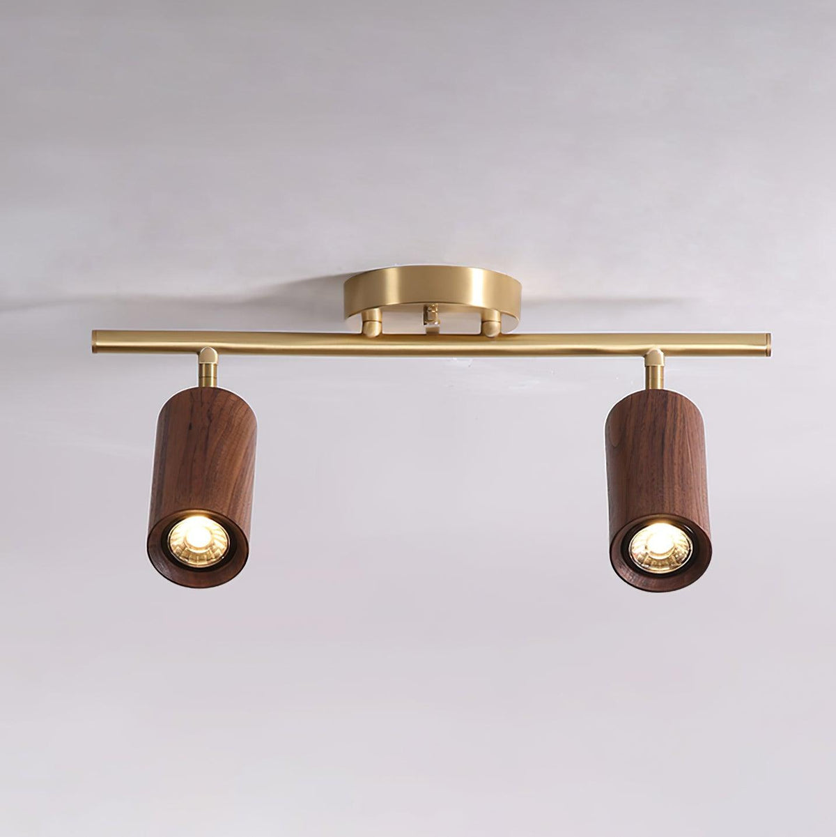 Pivoting Rail Ceiling Light Fixture with Walnut & Brass in Gold — Directional Spotlight Bar for Kitchens, Dens & Entryways — E26 Socket Spot