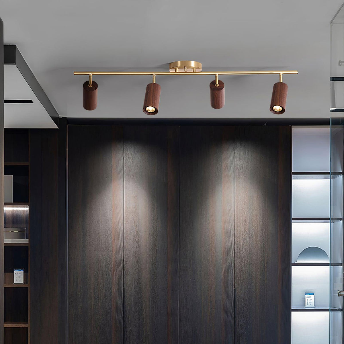Pivoting Rail Ceiling Light Fixture with Walnut & Brass in Gold — Directional Spotlight Bar for Kitchens, Dens & Entryways — E26 Socket Spot
