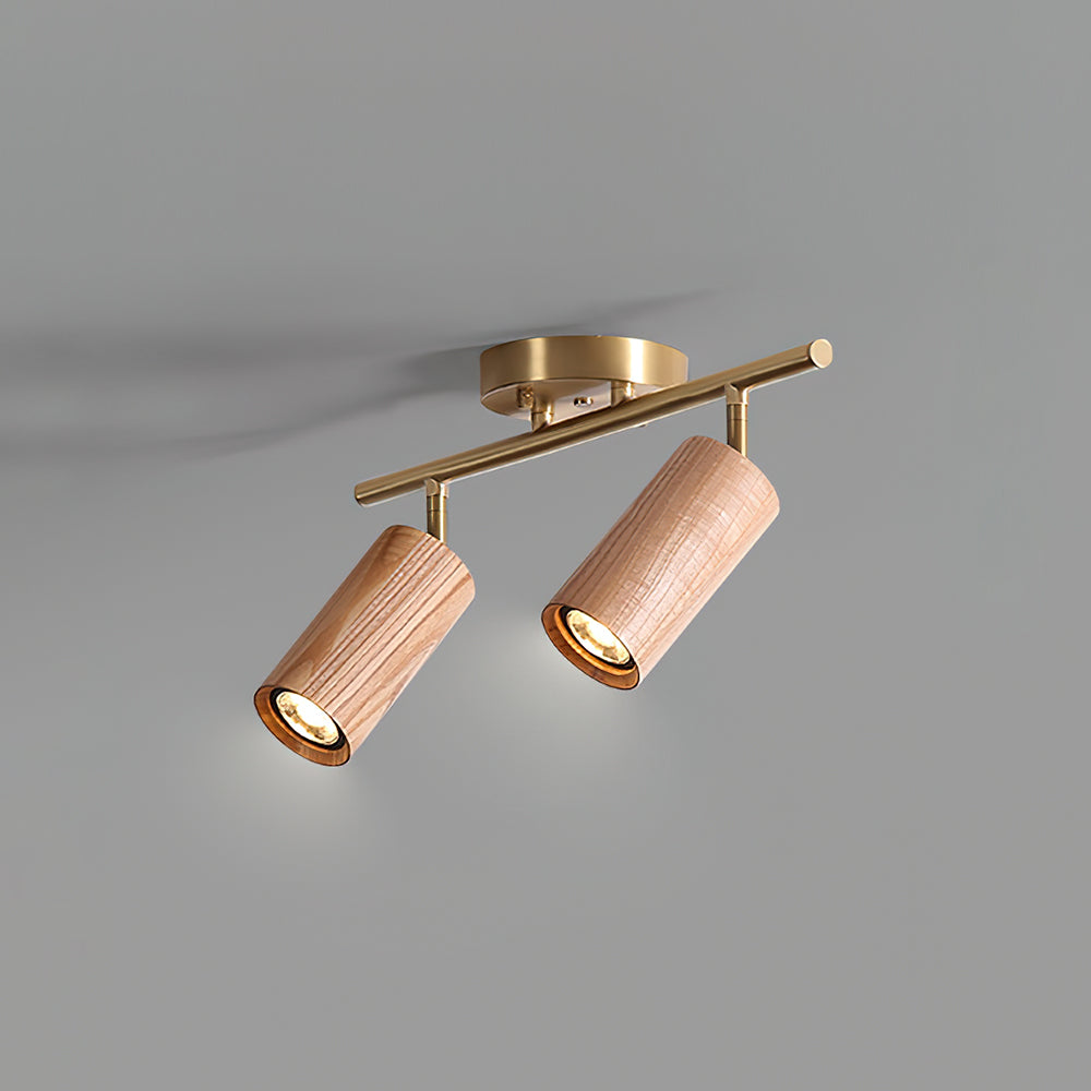 Pivoting Rail Ceiling Light Fixture with Walnut & Brass in Gold — Directional Spotlight Bar for Kitchens, Dens & Entryways — E26 Socket Spot