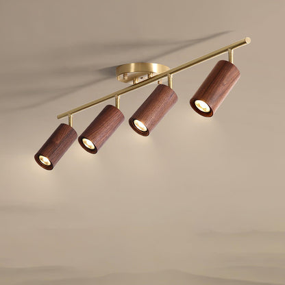 Pivoting Rail Ceiling Light Fixture with Walnut & Brass in Gold — Directional Spotlight Bar for Kitchens, Dens & Entryways — E26 Socket Spot
