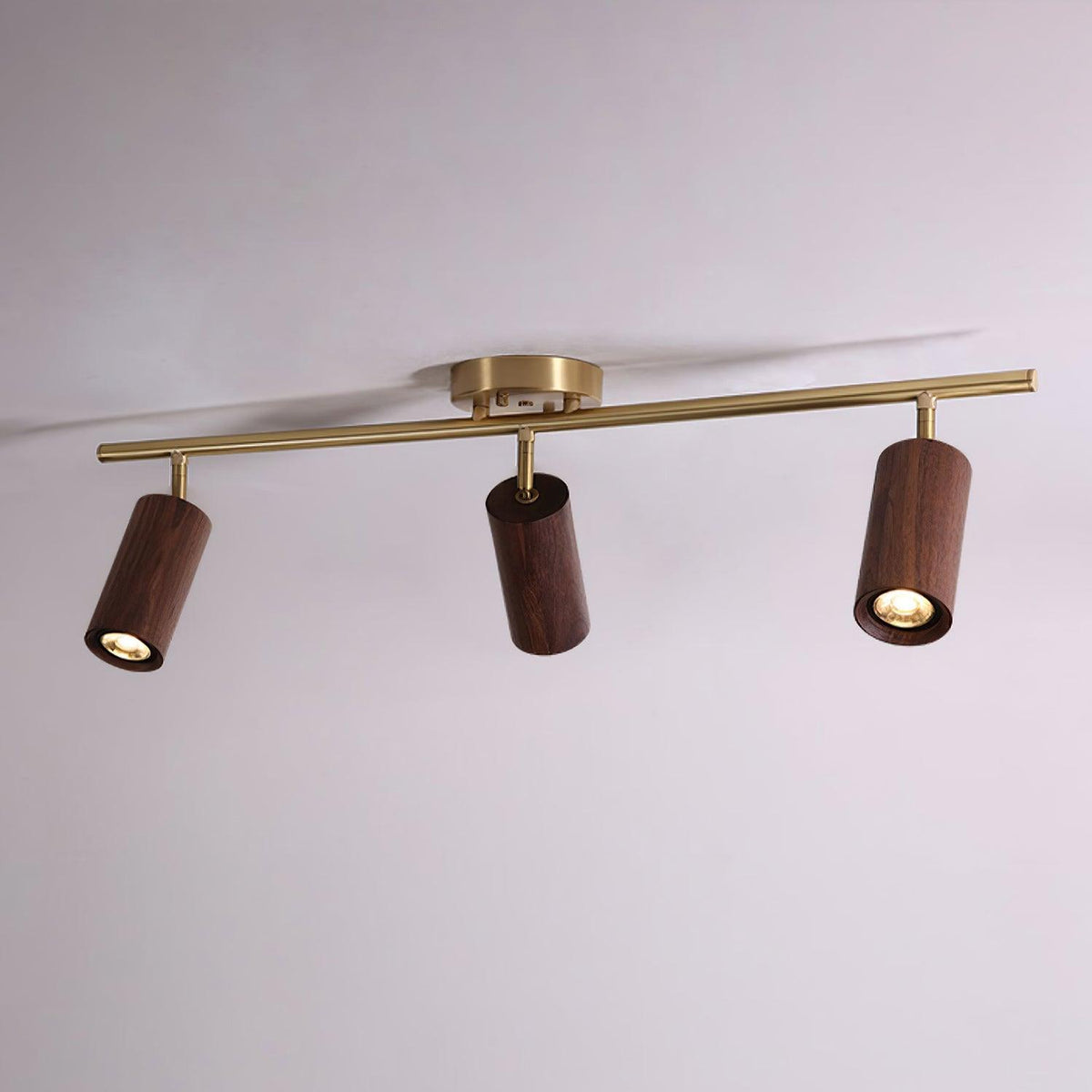 Pivoting Rail Ceiling Light Fixture with Walnut & Brass in Gold — Directional Spotlight Bar for Kitchens, Dens & Entryways — E26 Socket Spot