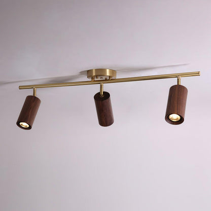 Pivoting Rail Ceiling Light Fixture with Walnut & Brass in Gold — Directional Spotlight Bar for Kitchens, Dens & Entryways — E26 Socket Spot