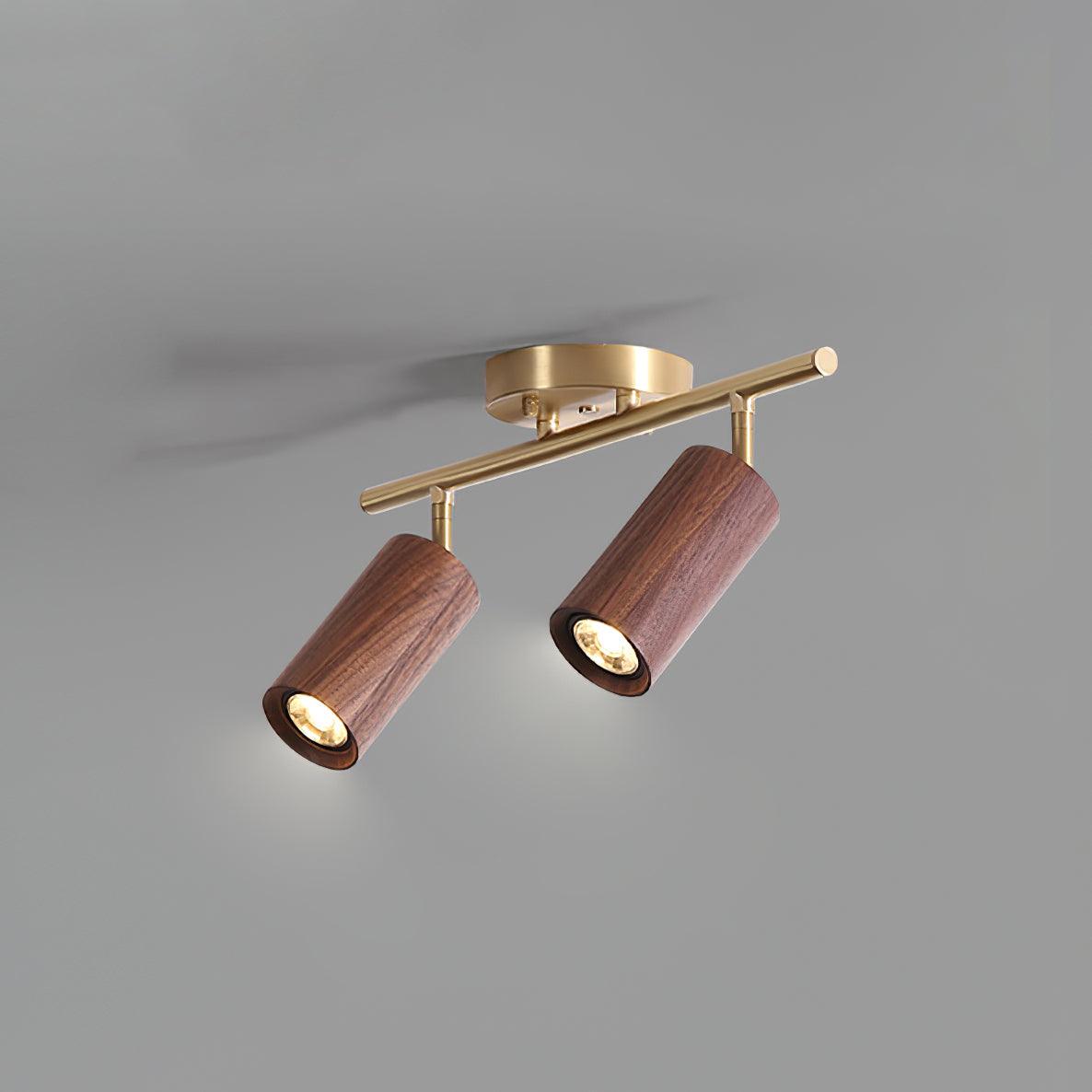 Pivoting Rail Ceiling Light Fixture with Walnut & Brass in Gold — Directional Spotlight Bar for Kitchens, Dens & Entryways — E26 Socket Spot