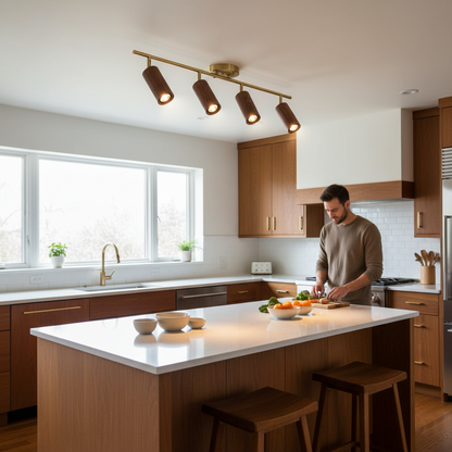 Pivoting Rail Ceiling Light Fixture with Walnut & Brass in Gold — Directional Spotlight Bar for Kitchens, Dens & Entryways — E26 Socket Spot