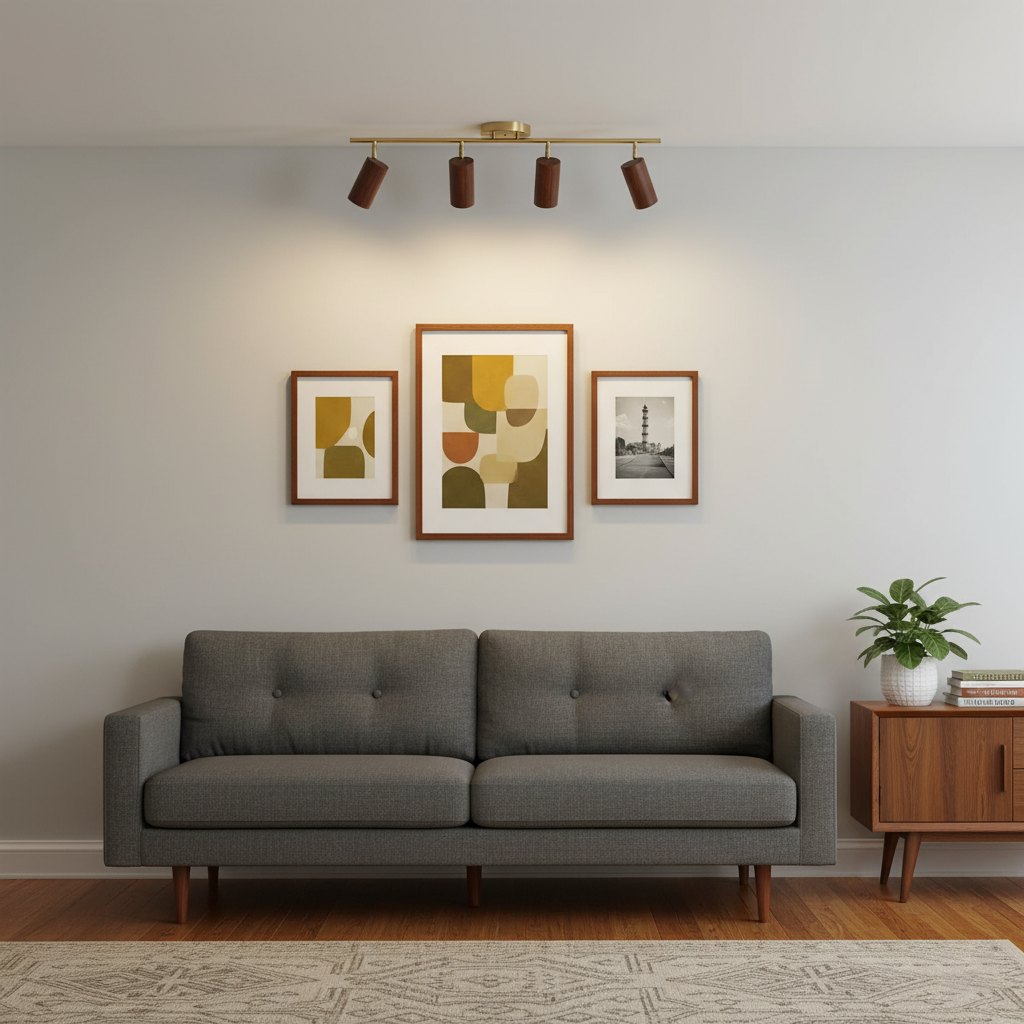 Pivoting Rail Ceiling Light Fixture with Walnut & Brass in Gold — Directional Spotlight Bar for Kitchens, Dens & Entryways — E26 Socket Spot