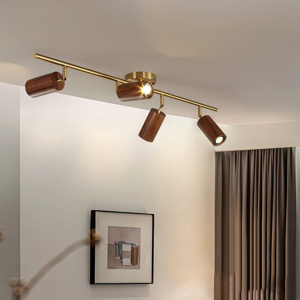 Pivoting Rail Ceiling Light Fixture with Walnut & Brass in Gold — Directional Spotlight Bar for Kitchens, Dens & Entryways — E26 Socket Spot