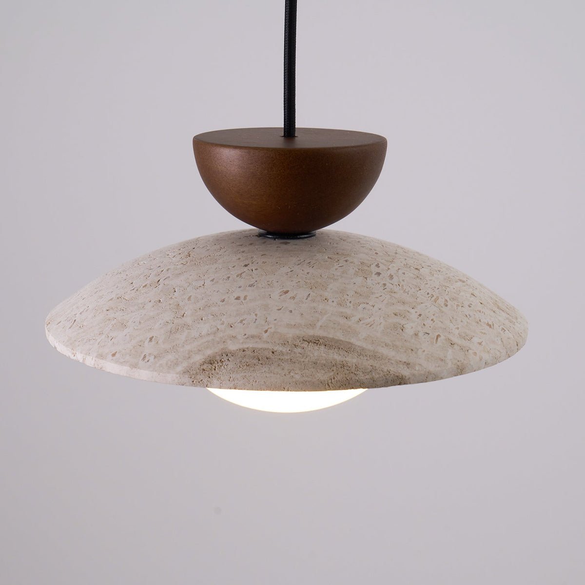 Travertine Stone Pendant Light with Wood Accent for Dining Room & Kitchen Island | Natural Glass Shade Hanging Ceiling Lamp