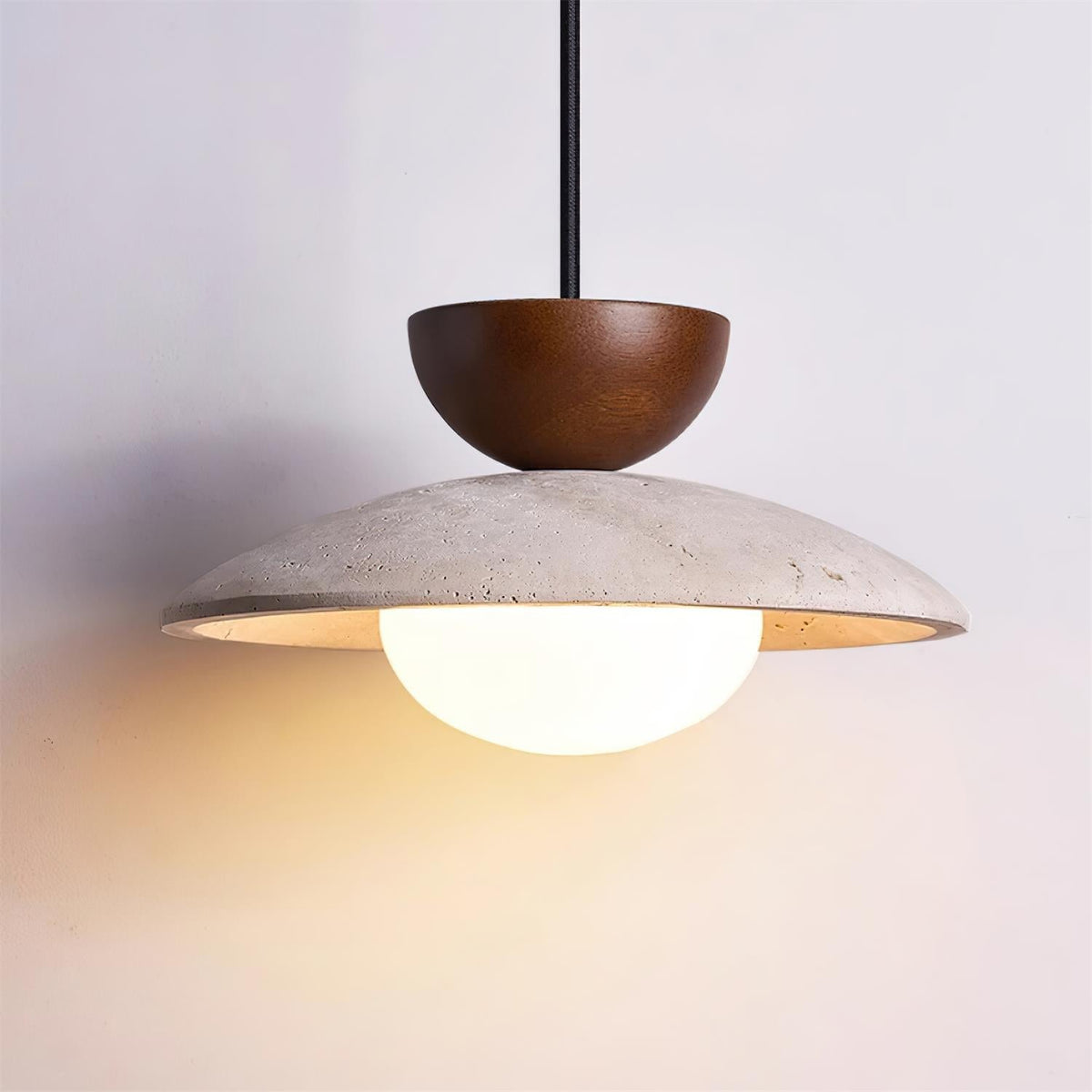 Travertine Glass Hanging Light Fixture with Wood Accent for Kitchen Island Dining Room Overhead Suspension Lamp Adjustable Cord Ceiling Moun