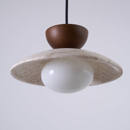 Travertine Glass Hanging Light Fixture with Wood Accent for Kitchen Island Dining Room Overhead Suspension Lamp Adjustable Cord Ceiling Moun