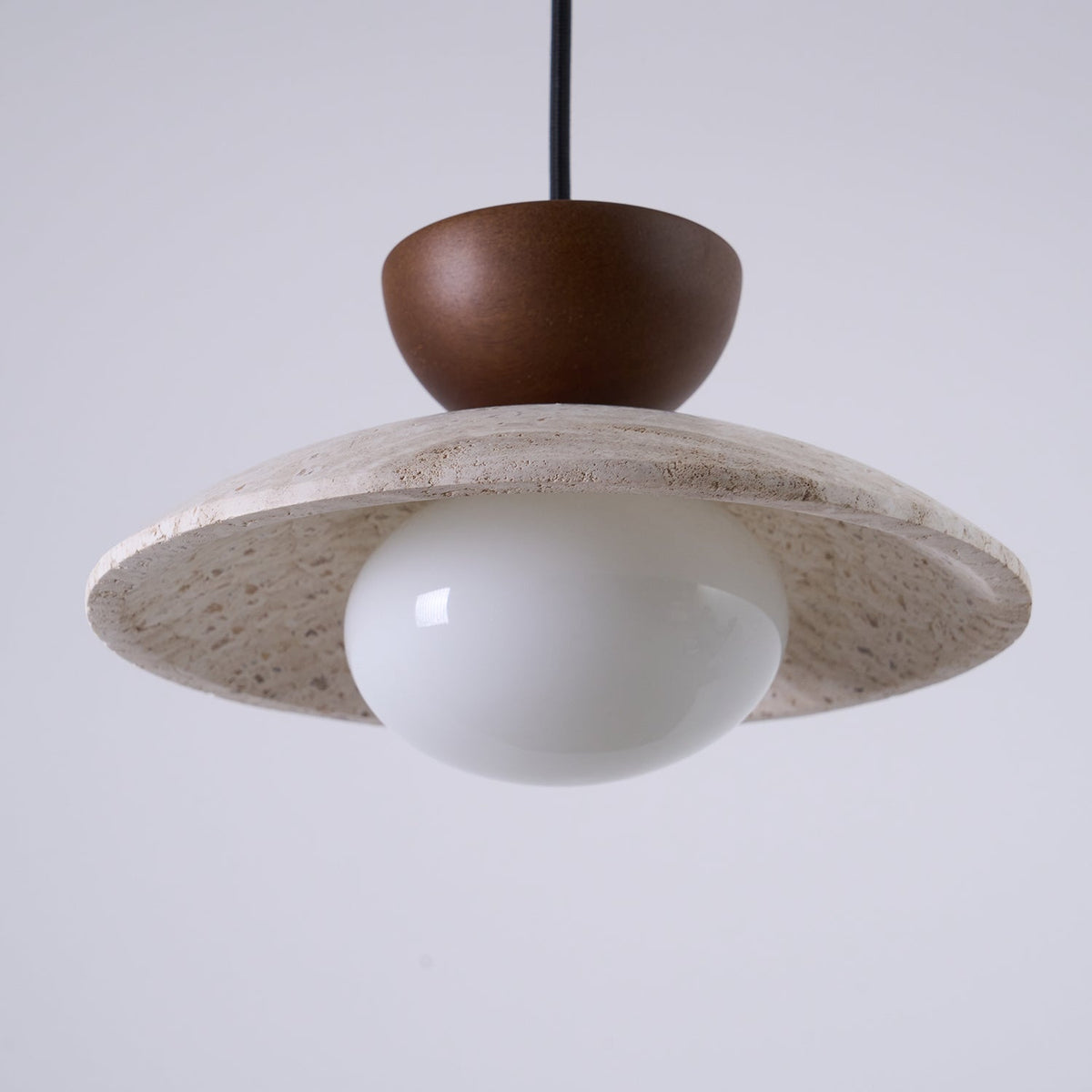 Travertine Stone Pendant Light with Wood Accent for Dining Room & Kitchen Island | Natural Glass Shade Hanging Ceiling Lamp