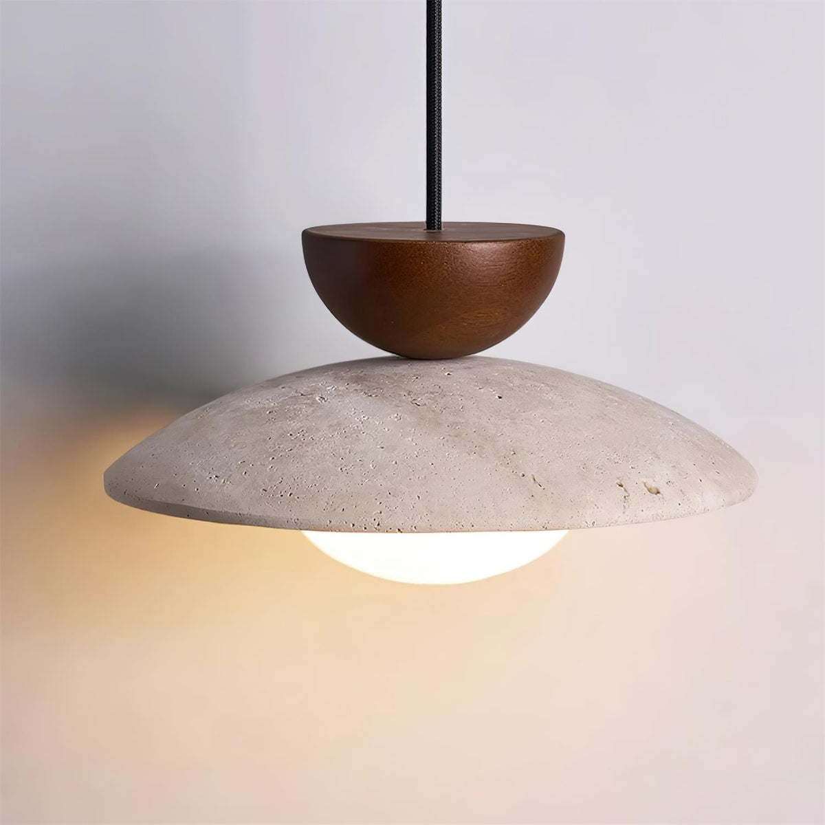 Travertine Stone Pendant Light with Wood Accent for Dining Room & Kitchen Island | Natural Glass Shade Hanging Ceiling Lamp