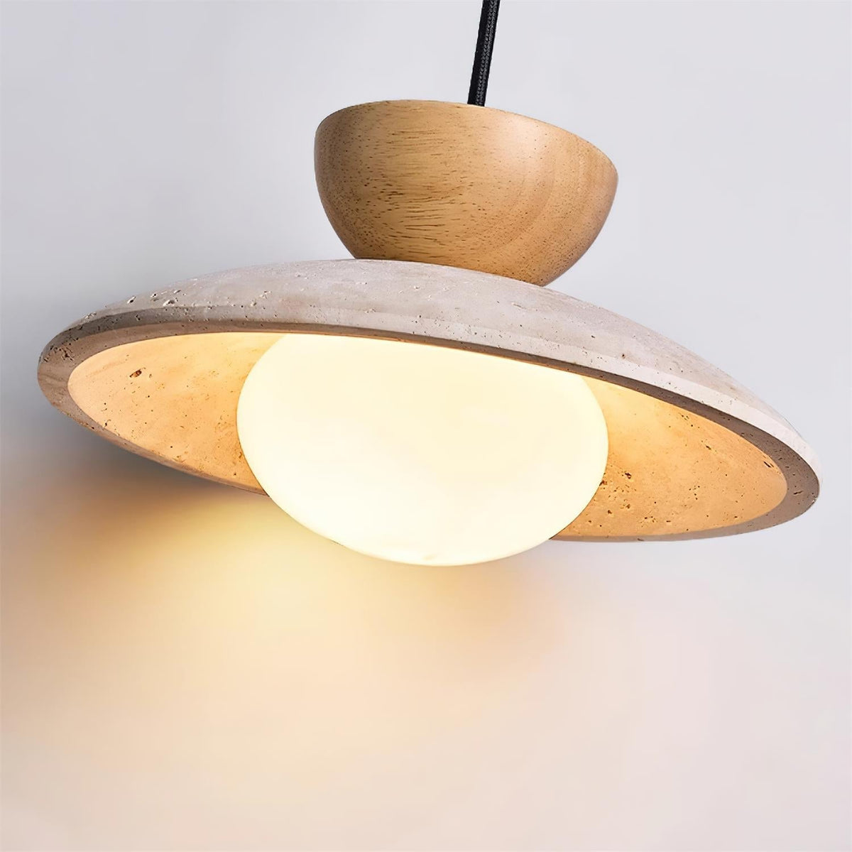 Travertine Stone Pendant Light with Wood Accent for Dining Room & Kitchen Island | Natural Glass Shade Hanging Ceiling Lamp
