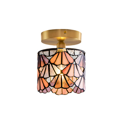 Flush Mount Mosaic Glass Ceiling Fixture Blue Pink 8 Inch E14 Socket Bathroom Entry Hall Decorative Overhead Light Brass Accent for Compact