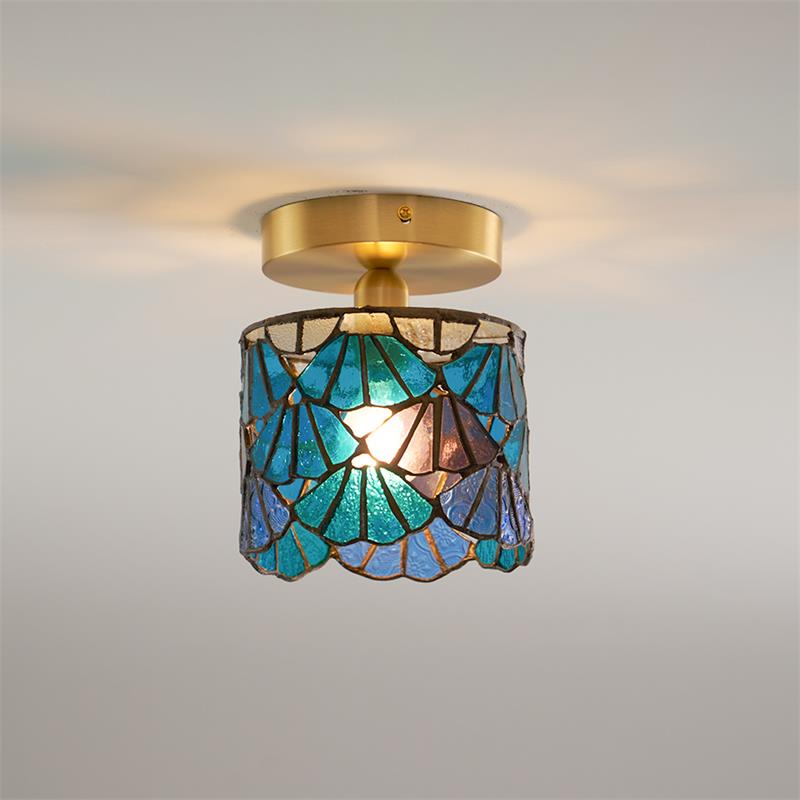 Flush Mount Mosaic Glass Ceiling Fixture Blue Pink 8 Inch E14 Socket Bathroom Entry Hall Decorative Overhead Light Brass Accent for Compact