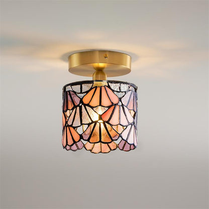 Flush Mount Mosaic Glass Ceiling Fixture Blue Pink 8 Inch E14 Socket Bathroom Entry Hall Decorative Overhead Light Brass Accent for Compact