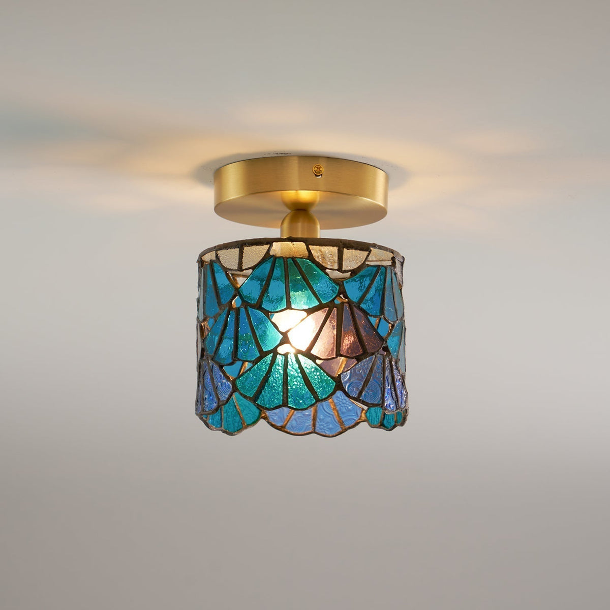 Flush Mount Mosaic Glass Ceiling Fixture Blue Pink 8 Inch E14 Socket Bathroom Entry Hall Decorative Overhead Light Brass Accent for Compact