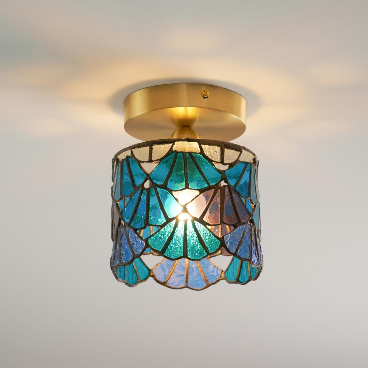 Flush Mount Mosaic Glass Ceiling Fixture Blue Pink 8 Inch E14 Socket Bathroom Entry Hall Decorative Overhead Light Brass Accent for Compact