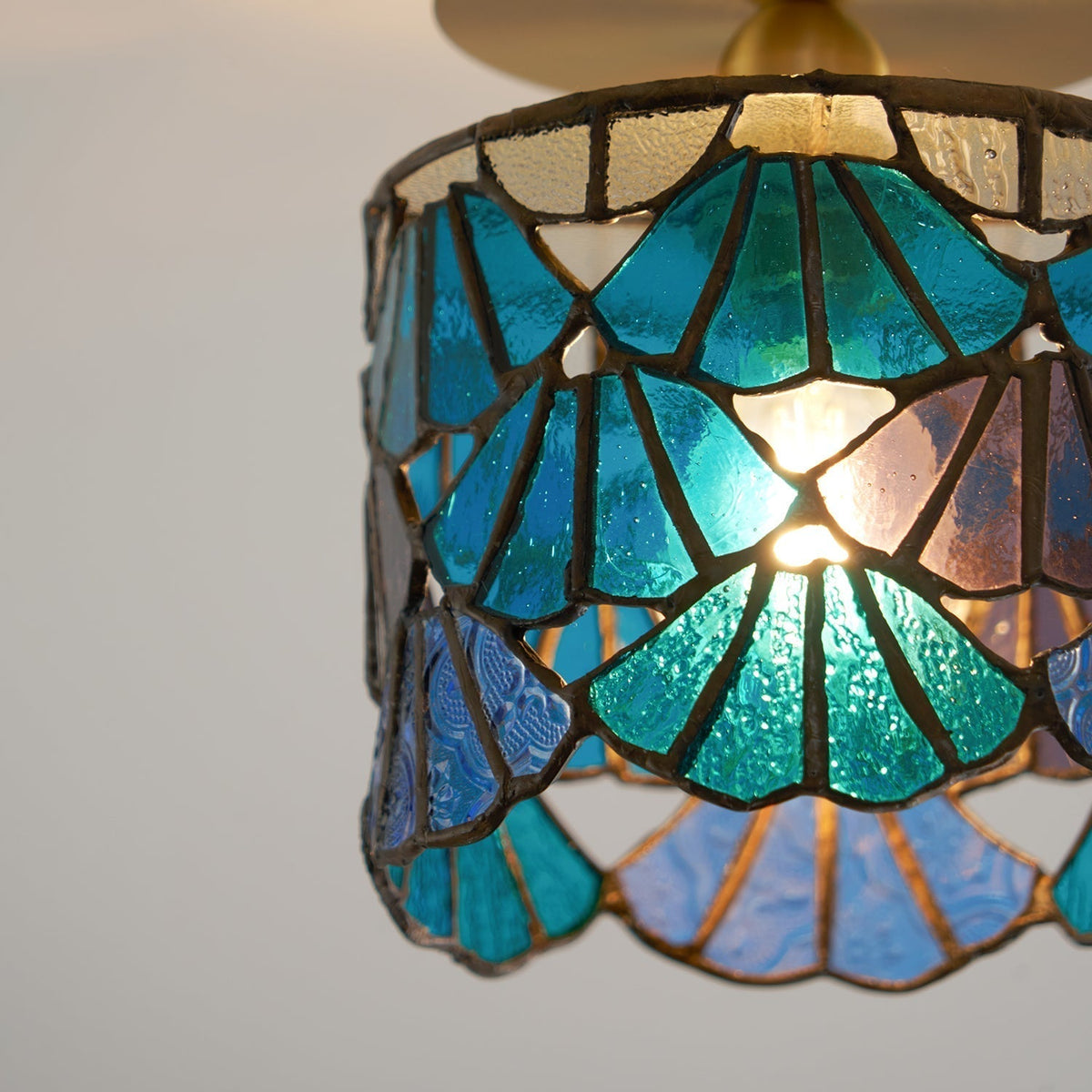Flush Mount Mosaic Glass Ceiling Fixture Blue Pink 8 Inch E14 Socket Bathroom Entry Hall Decorative Overhead Light Brass Accent for Compact