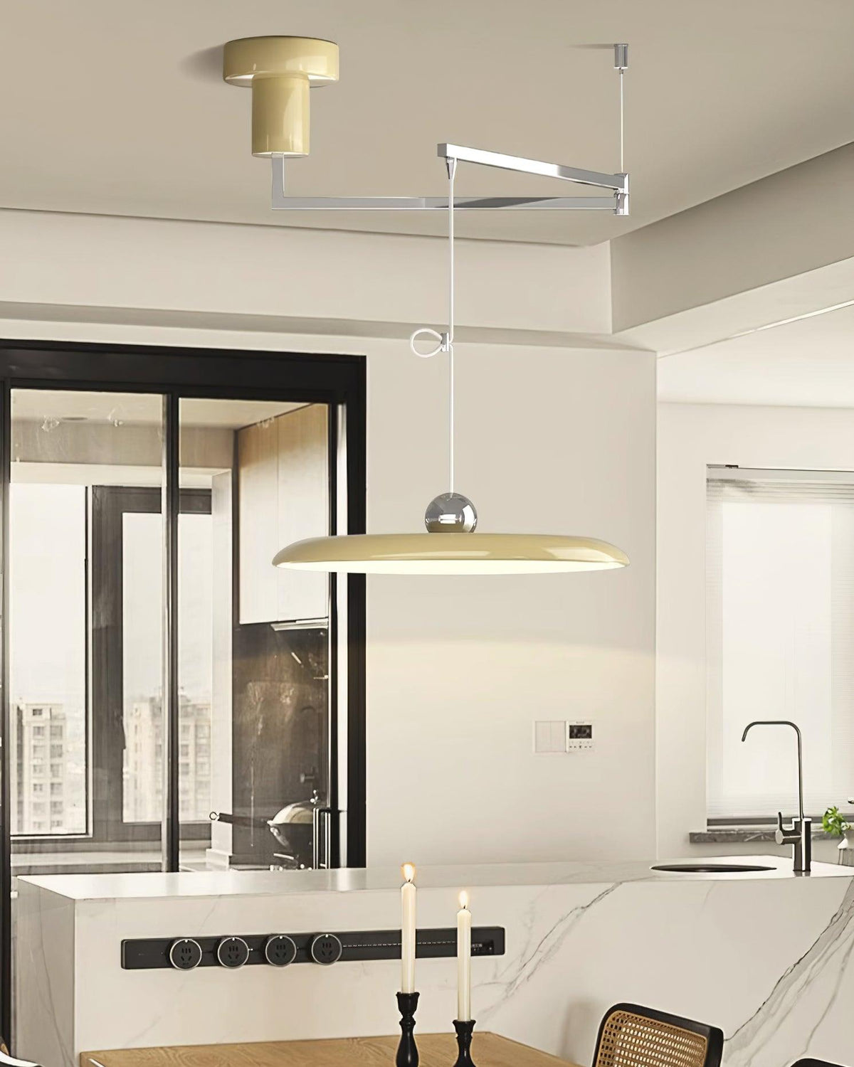 Hanging Drop Ceiling Fixture Acrylic Disk 16-Inch Yellow for Kitchen Island Dining Table Contemporary LED Overhead Light Adjustable Cord 59