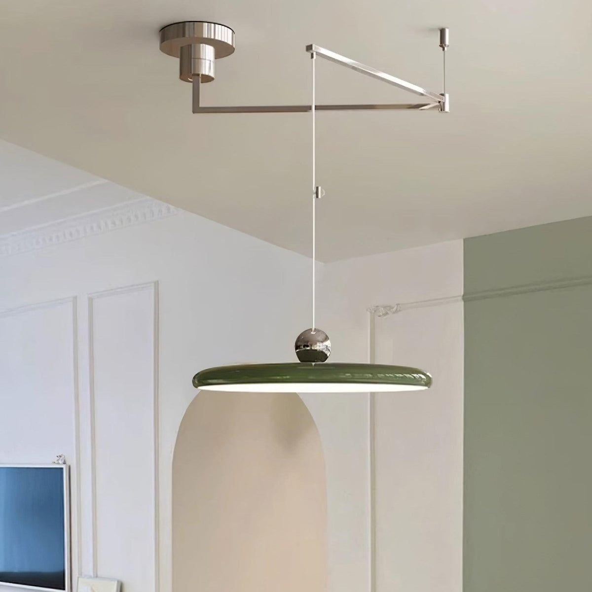 Adjustable Swing Arm Pendant Light with Round Metal Shade for Kitchen Island & Workspace