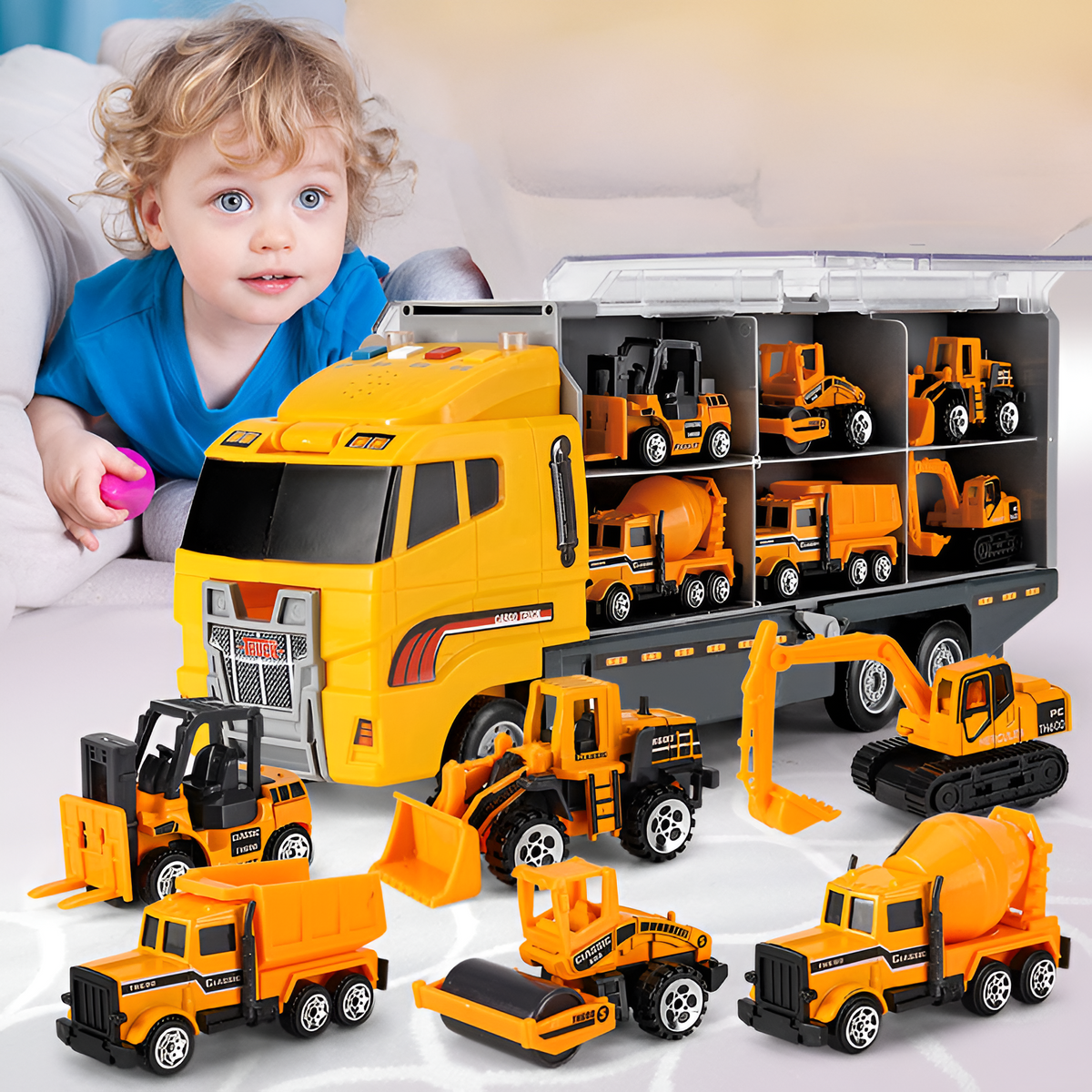 Creative Kids | Toy Construction Vehicle Set with Realistic Sounds | Interactive Play Carrier Kit for Imaginative Adventures