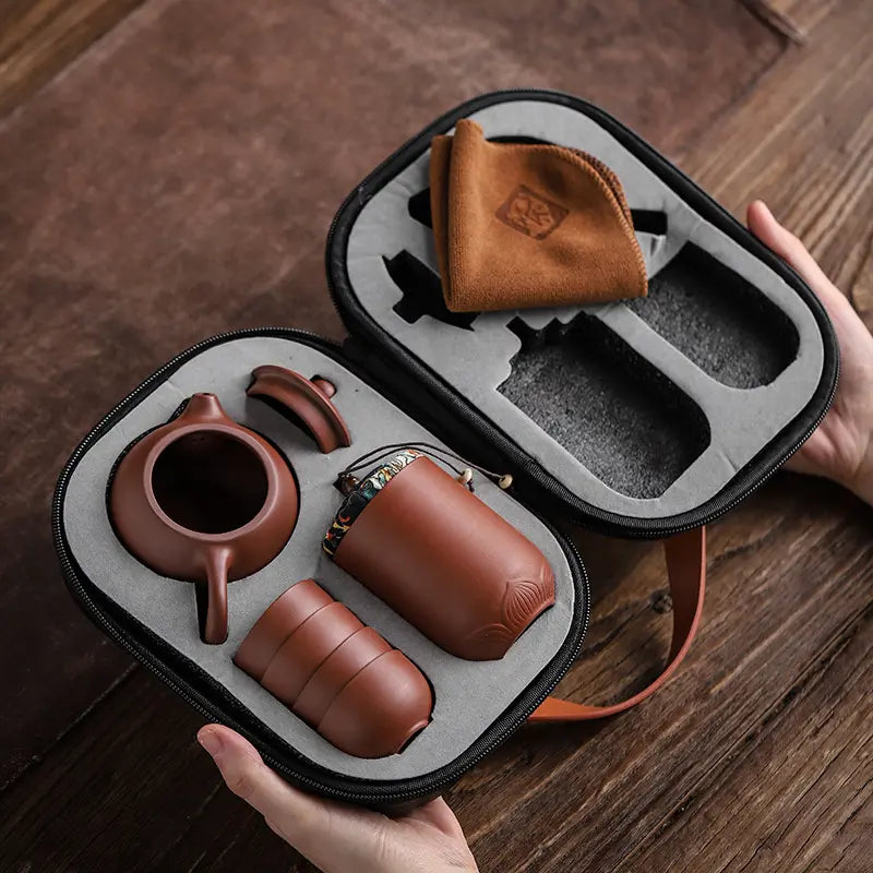 Ceramic Teapot Set with Travel Case 5.6 oz Pot Four Cups Portable Carrier for Camping Outdoor Picnics Office Breaks Gongfu Tea Ceremony Kung