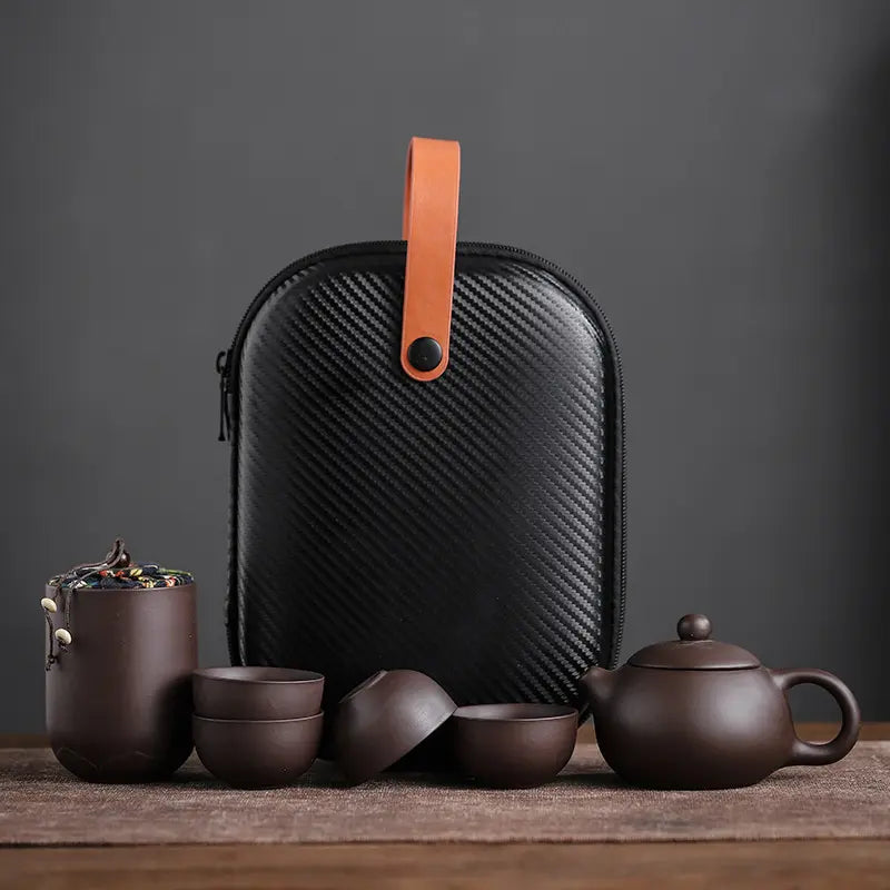 Ceramic Teapot Set with Travel Case 5.6 oz Pot Four Cups Portable Carrier for Camping Outdoor Picnics Office Breaks Gongfu Tea Ceremony Kung