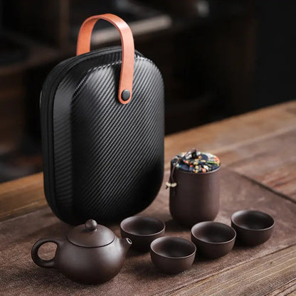 Ceramic Teapot Set with Travel Case 5.6 oz Pot Four Cups Portable Carrier for Camping Outdoor Picnics Office Breaks Gongfu Tea Ceremony Kung