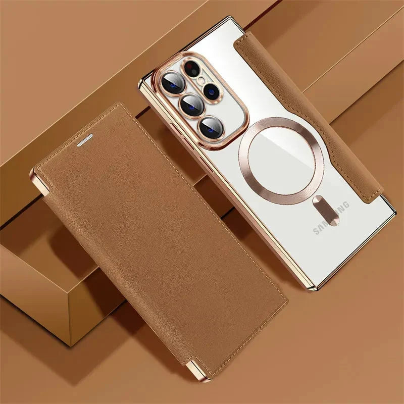Clear Folio Card Holder Phone Case for Samsung Galaxy S22 S23 S24 S25 S26 with MagSafe Ring & Full-Screen Cover