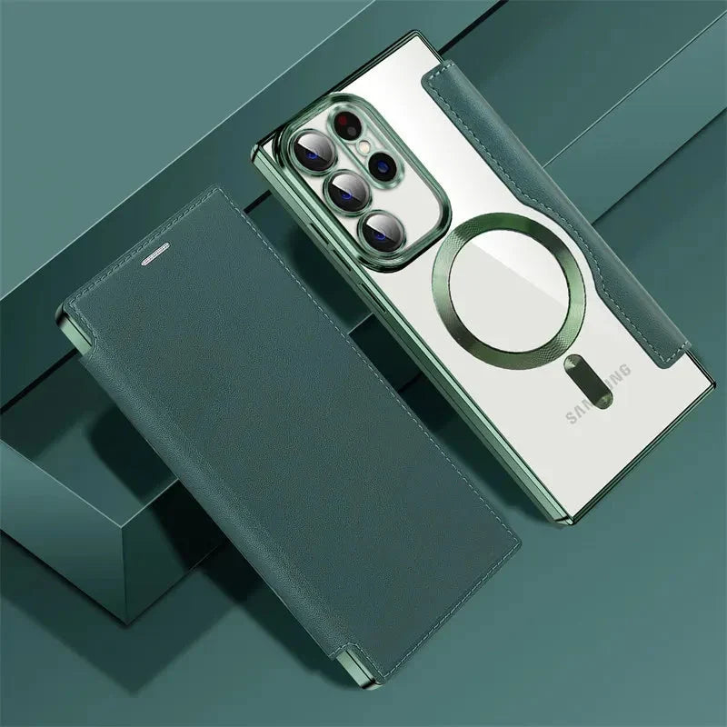 Clear Folio Card Holder Phone Case for Samsung Galaxy S22 S23 S24 S25 S26 with MagSafe Ring & Full-Screen Cover