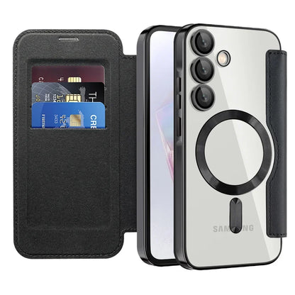 Clear Folio Card Holder Phone Case for Samsung Galaxy S22 S23 S24 S25 S26 with MagSafe Ring & Full-Screen Cover