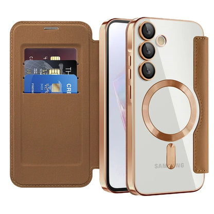 Clear Folio Card Holder Phone Case for Samsung Galaxy S22 S23 S24 S25 S26 with MagSafe Ring & Full-Screen Cover